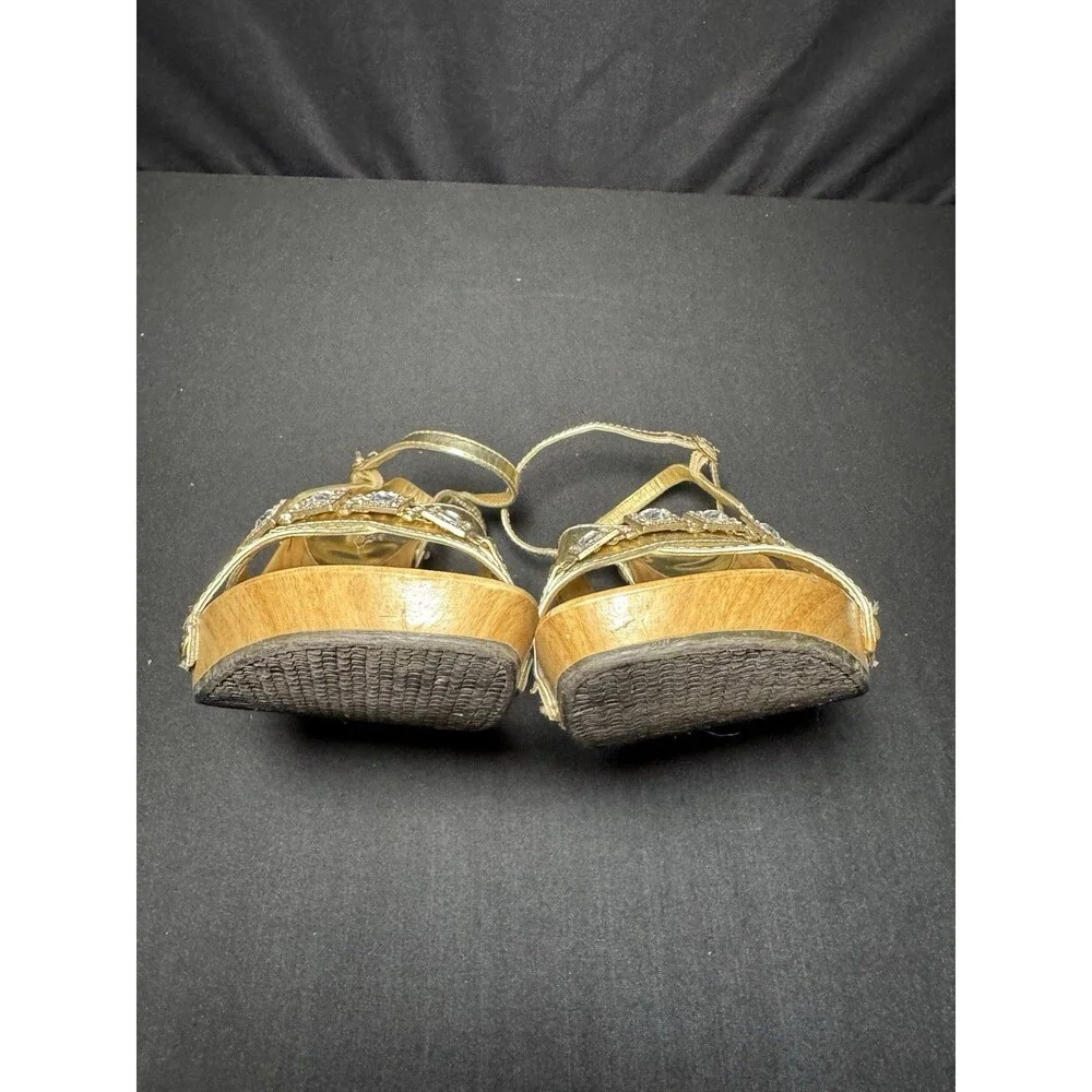 Geena Metallic Gold Cutout Wooden Heels Sandal Rhinestone Y2K Bling Womens 8